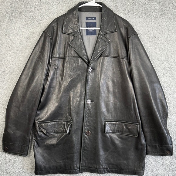 Nautica Men 44 Jacket Mototcycle Black Genuine Leather 3-Button Authentic Pocket